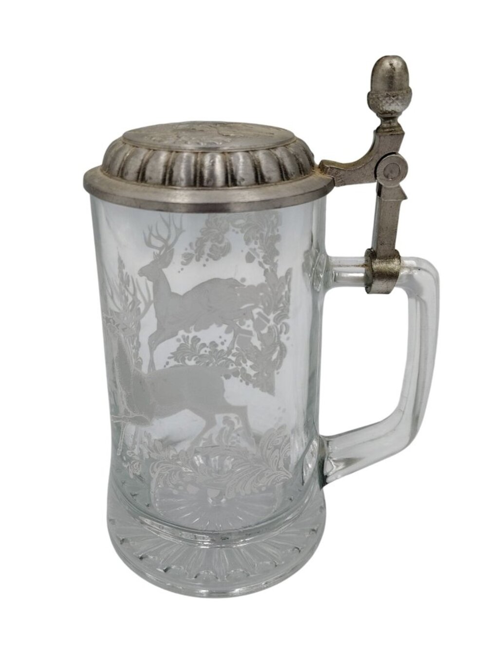 Avon Glass Beer Stein Deer Stag Etched Tankard Lid Vintage Forest Drinking Mug